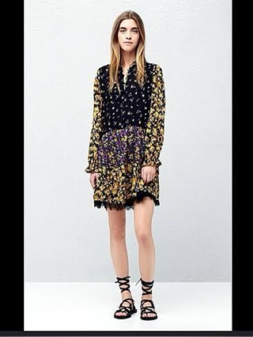 Mango MNG Mixed Floral Patchwork Long Sleeve Mini Dress‎ Lace Trim Size 6